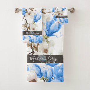 Motif d'aquarelle bleu et blanc Magnolia Blossom