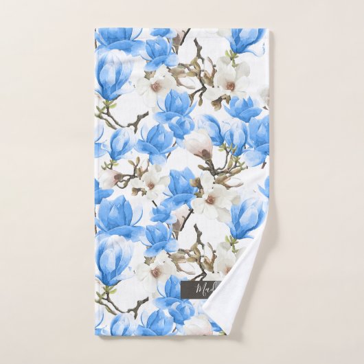 Motif d'aquarelle bleu et blanc Magnolia Blossom (Serviette à main)