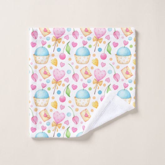 Motif d'aquarelle douce Coeurs et Cupcakes (Gant de toilette)