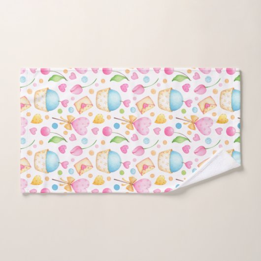 Motif d'aquarelle douce Coeurs et Cupcakes (Serviette à main)