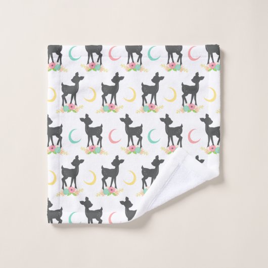 Motif de cerfs, Cerf de bébé, Boho, Fleurs, Lune (Gant de toilette)