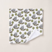 Motif de chat gris avec ornements verts en blanc (Gant de toilette)