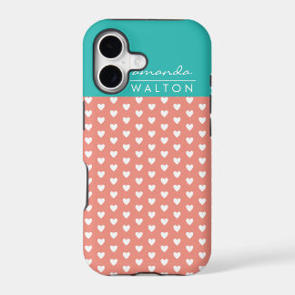 Motif de coeurs corail et aqua Nom personnalisé