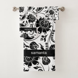 Motif de Damas Florales Noir Et Blanc