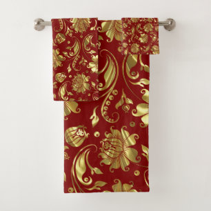 Motif de damas florales or et rouge foncé