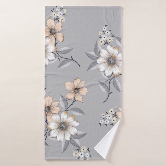 motif de fleurs grises et blanches sur fond gris (Serviette de bain)