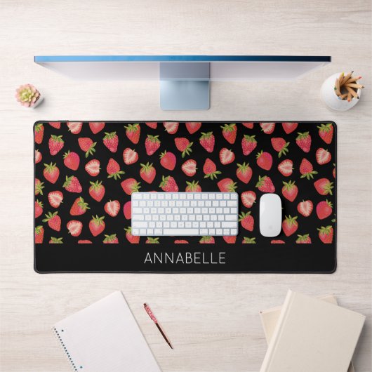 Motif de fraises Noir Rouge Prénom (Bureau 1)
