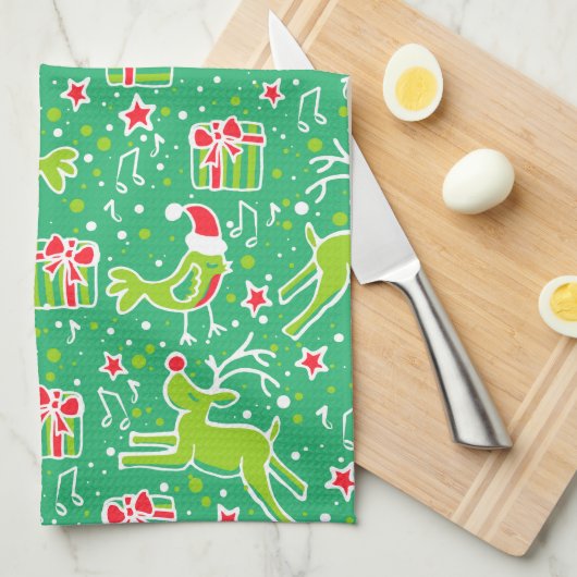 Motif de rennes de Noël serviette de cuisine verte (Quart Plié)