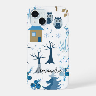 Motif des arbres, des hiboux, des pins et des floc