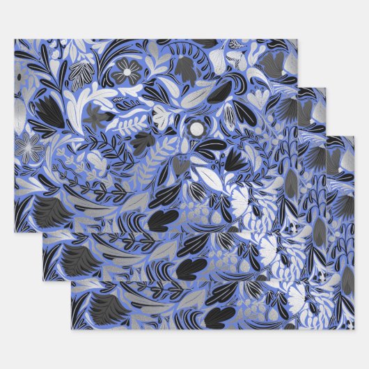 Motif d'illustration Feuilles floral bleu argent (Lot)