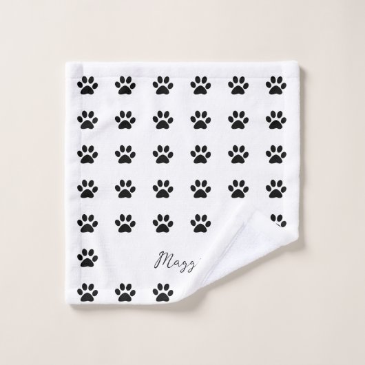 Motif Empreinte de patte noir blanc Monogramme Nom (Gant de toilette)