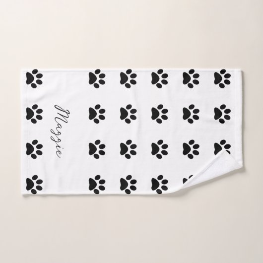 Motif Empreinte de patte noir blanc Monogramme Nom (Serviette à main)
