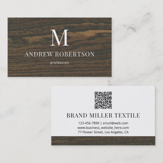 Motif en chêne de bois Monogramme QR Code Carte de (Devant / Derrière)