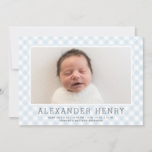 Motif En vichy bleu doux | FAIRE-PART DE NAISSANCE (Devant)