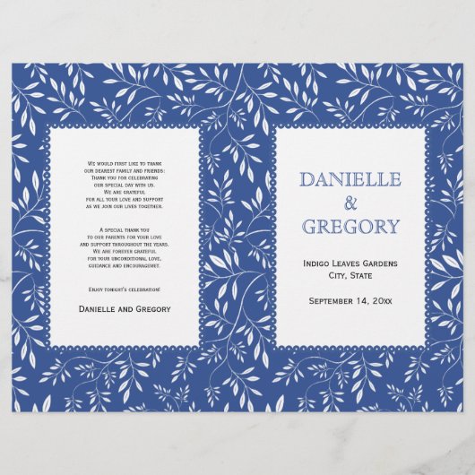 motif feuille, programme de mariage plié bleu indi (Devant)