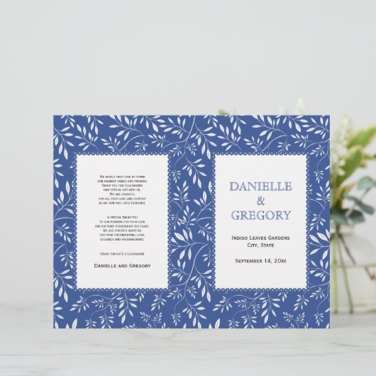 motif feuille, programme de mariage plié bleu indi (Debout devant)