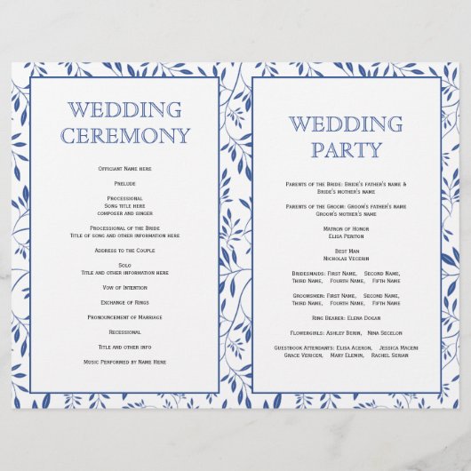 motif feuille, programme de mariage plié bleu indi (Dos)