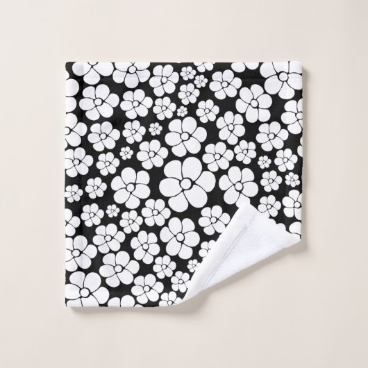 Motif Fleur rétro en blanc sur noir (Gant de toilette)