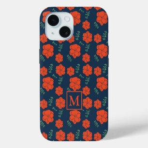 Motif Fleurs Rouges Monogramme Bleu Foncé