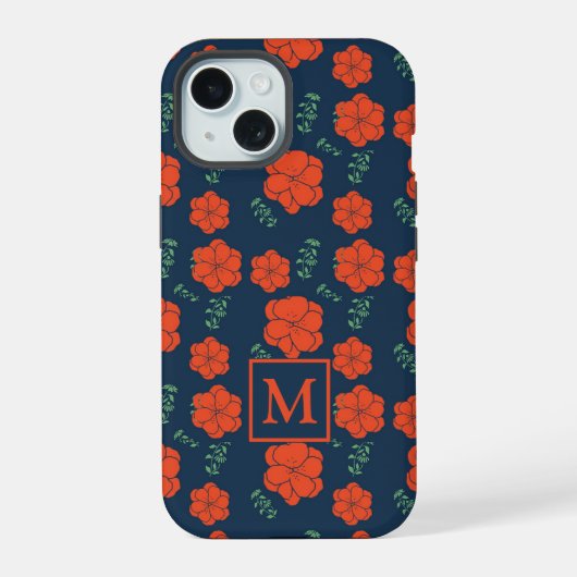 Motif Fleurs Rouges Monogramme Bleu Foncé (Verso)