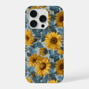 Motif floral bleu tournesol jaune vintage