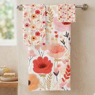 Motif floral de pavot corail et pêche chaud