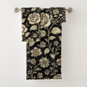 Motif floral de rose dorée vintage sur fond noir