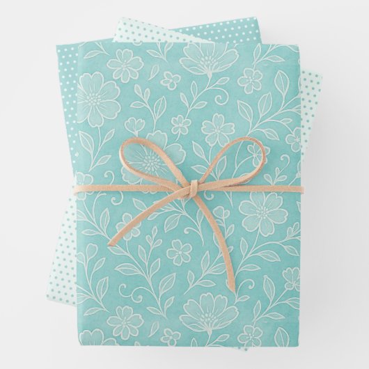 Motif Floral Feuille Classé Sur Aqua Blue (En situation)