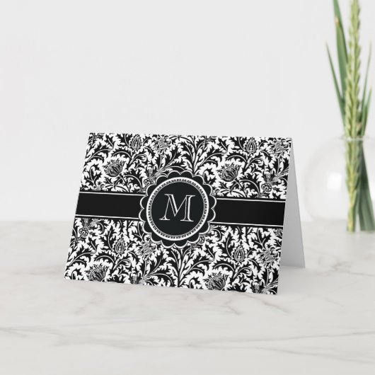 Motif floral noir et blanc de monogramme élégant (Devant)