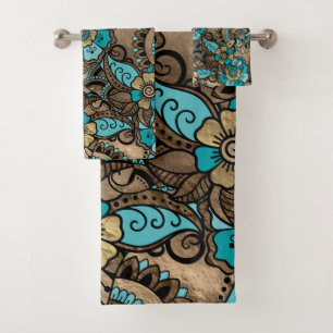Motif Floral Paisley - turquoise et doré