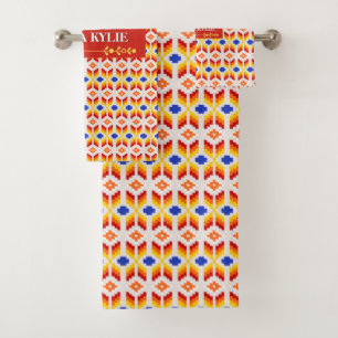 Motif floral pixel géométrique en rouge orange jau