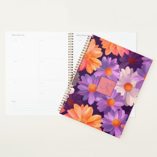 Motif floral pourpre et orange avec monogramme (Devant avec enveloppe)