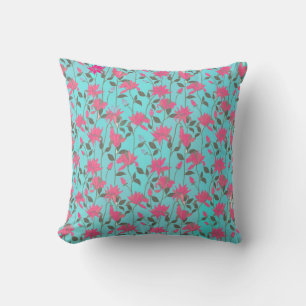 Motif floral rose sur oreiller Turquoise