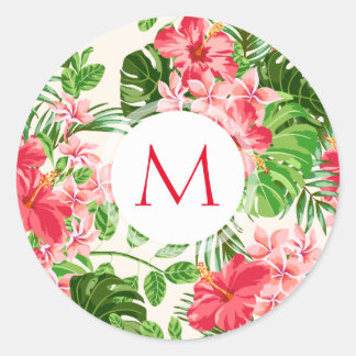 Motif floral Rouge Hibiscus Monogramme Autocollant