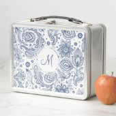 Motif Floral Vintage Bleu Monogramme Lunchbox (En situation)