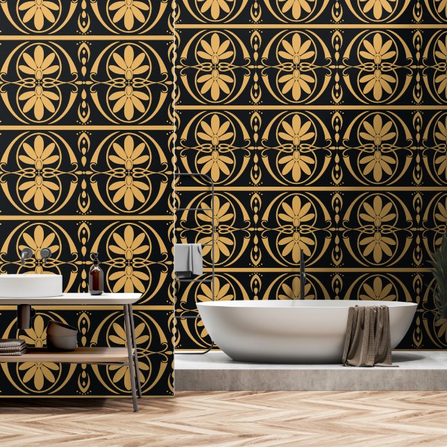Motif grec Gold et papier peint noir (Salle de bain)