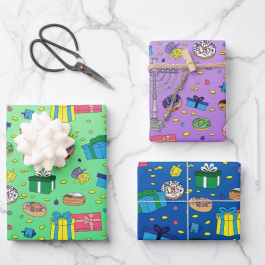 Motif Hanoukka - Papier à envelopper 3 feuilles pl (Recto)