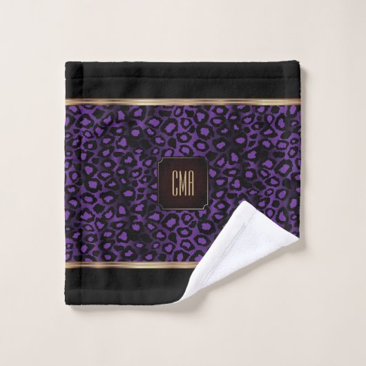 Motif Léopard pourpre et noir avec Monogramme (Gant de toilette)