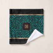 Motif Léopard turquoise et Noir avec Monogramme (Gant de toilette)