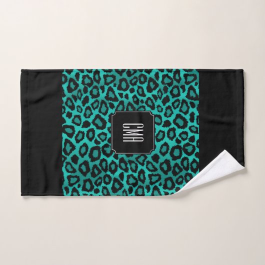 Motif Léopard turquoise et Noir avec Monogramme (Serviette à main)