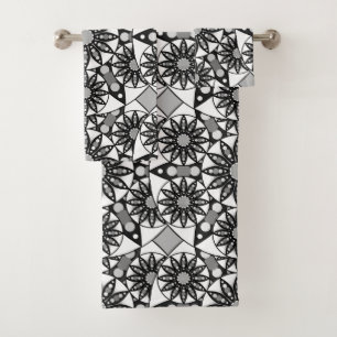 Motif Mandala, Noir, Blanc et Gris Serviette de ba