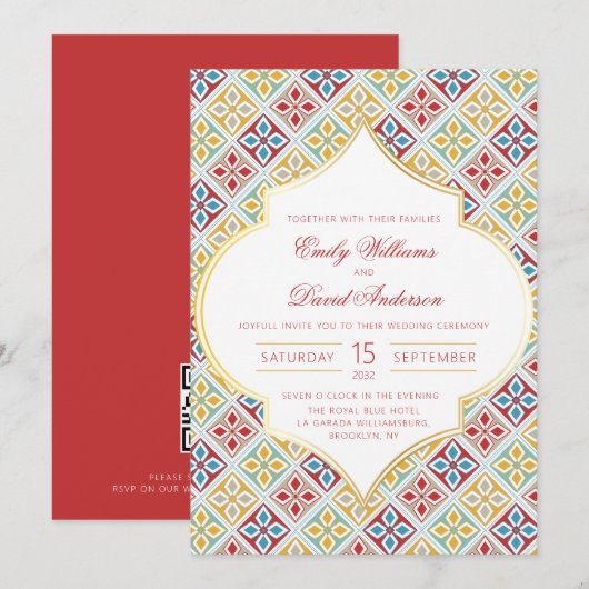 Motif marocain carrelage rouge QR Faire-part de ma (Devant / Derrière)