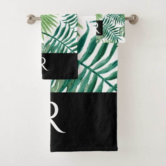 Motif moderne en feuille noire Monogramme serviett (En situation)