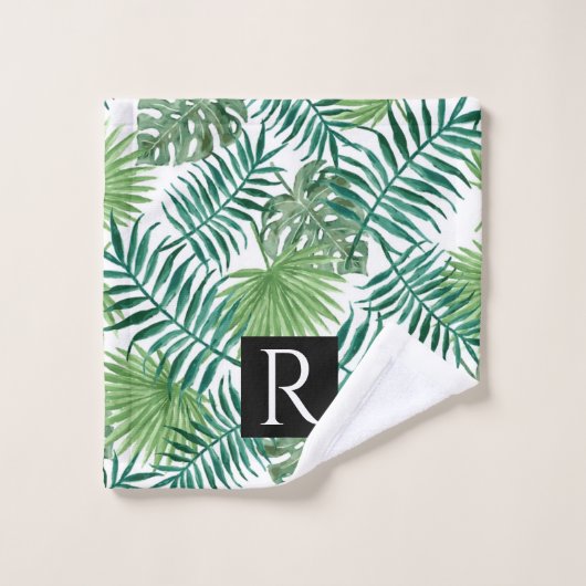 Motif moderne en feuille noire Monogramme serviett (Gant de toilette)