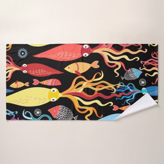 Motif multicolore de différents calmars et poisson (Serviette de bain)