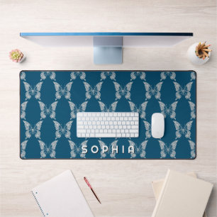 Motif papillon diamant, nom gras sur bleu océan
