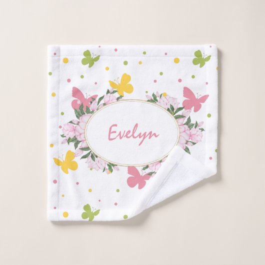 Motif Pastel Butterfly avec Fleurs et Nom (Gant de toilette)