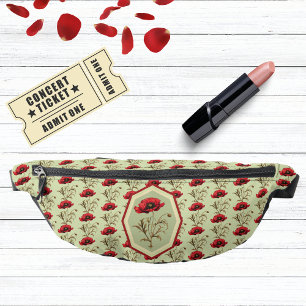 Motif Pavot Coquelicot Vert Sauge avec Médaillon F