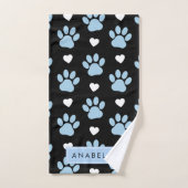 Motif Paw, Bleu Pâtes, Coeurs Blancs, Votre Nom (Serviette à main)