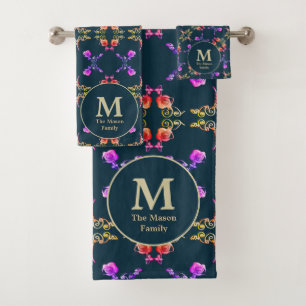 Motif Rose monogramme en forme de Faberge sur bleu